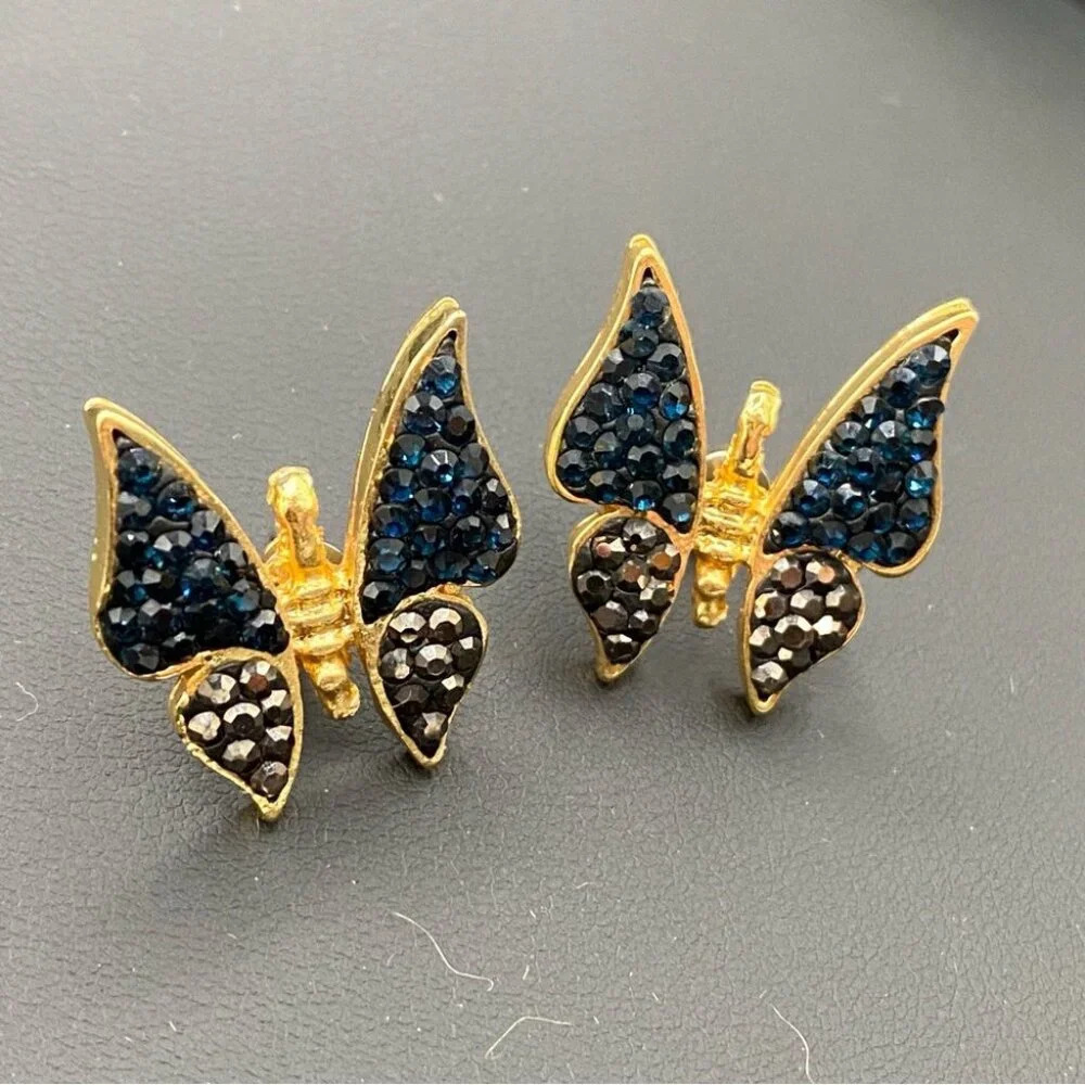 Pave Black and  Gunmetal Grey Butterfly Pierced Gold Earrings